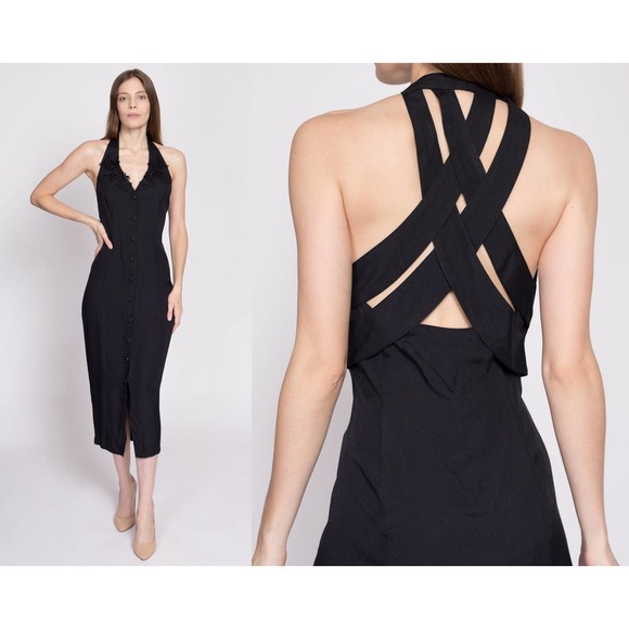 90s Black Strappy Keyhole Back‎ Midi Dress - Medium | Vintage Button Front Dress - Picture 1 of 8